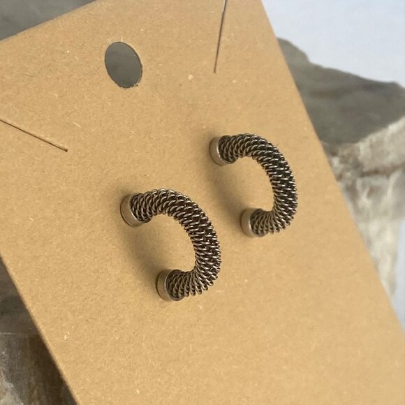 Oxidized Sterling Silver 925 Pap Twisted Braid Half Hoop Earrings 14K Gold Post - Picture 1 of 16